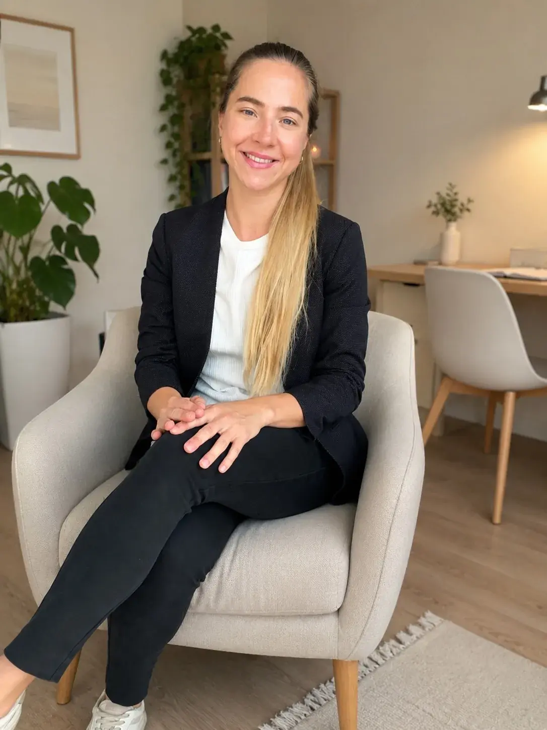 Portrait of Theresa Frische, Systemic & Integrative Counsellor, smiling by a window.