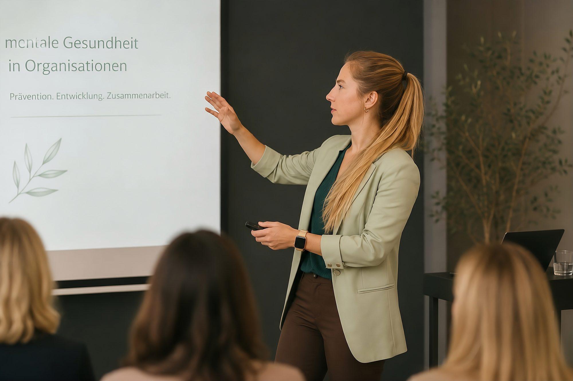 Theresa Frische delivering a workplace wellbeing seminar.